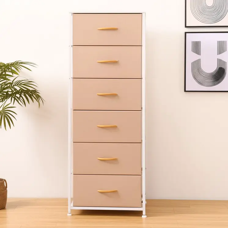 18" Pink and White Steel and Fabric Six Drawer Chest