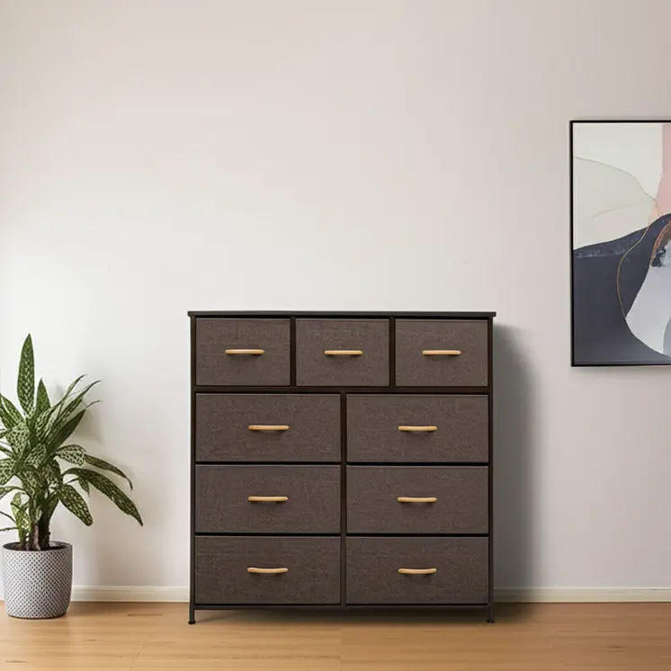 39" Brown Steel and Fabric Nine Drawer Triple Dresser