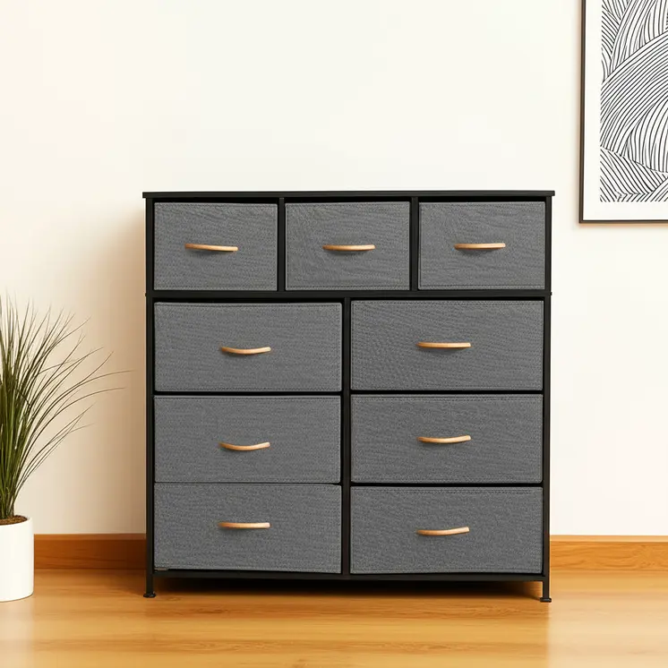 39" Gray and White Steel and Fabric Nine Drawer Triple Dresser