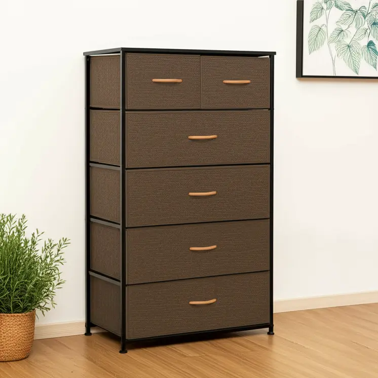 23" Brown Steel and Fabric Six Drawer Combo Dresser