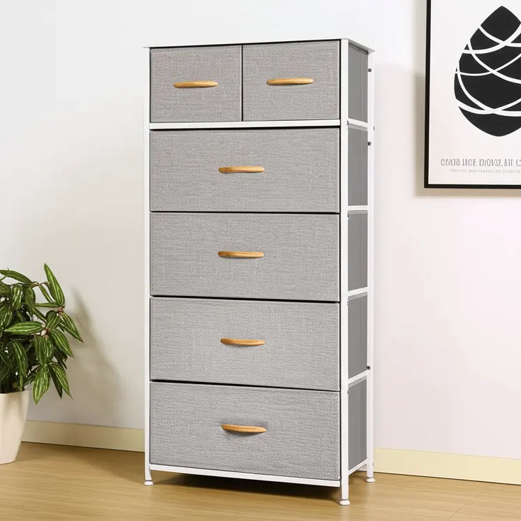 23" Gray and White Steel and Fabric Six Drawer Chest