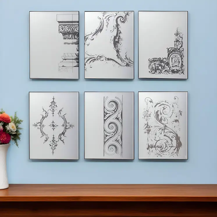 Set of Six Decorative Antiqued Glass Black Metal Framed Mirror Set