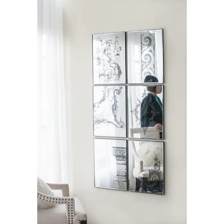 Set of Six Decorative Antiqued Glass Black Metal Framed Mirror Set