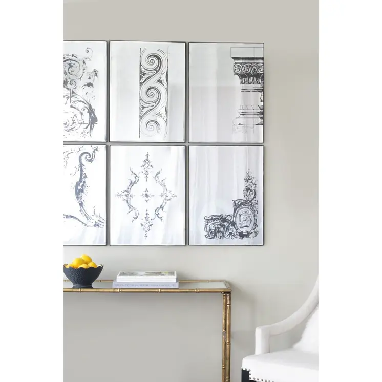 Set of Six Decorative Antiqued Glass Black Metal Framed Mirror Set