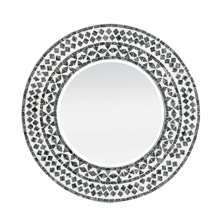 24" Black And White Round Wood And Shell Framed Accent Mirror