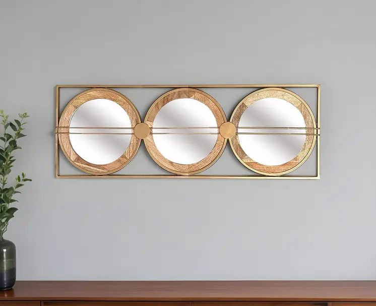 14" Brown and Gold Aluminum and Wood Geometric Framed Accent Mirror