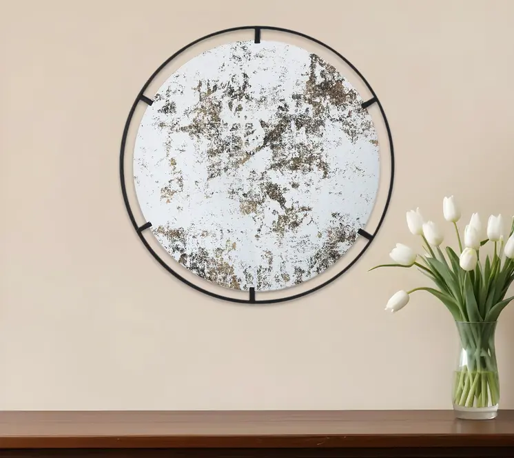 32" Black Round Iron Framed Accent Mirror