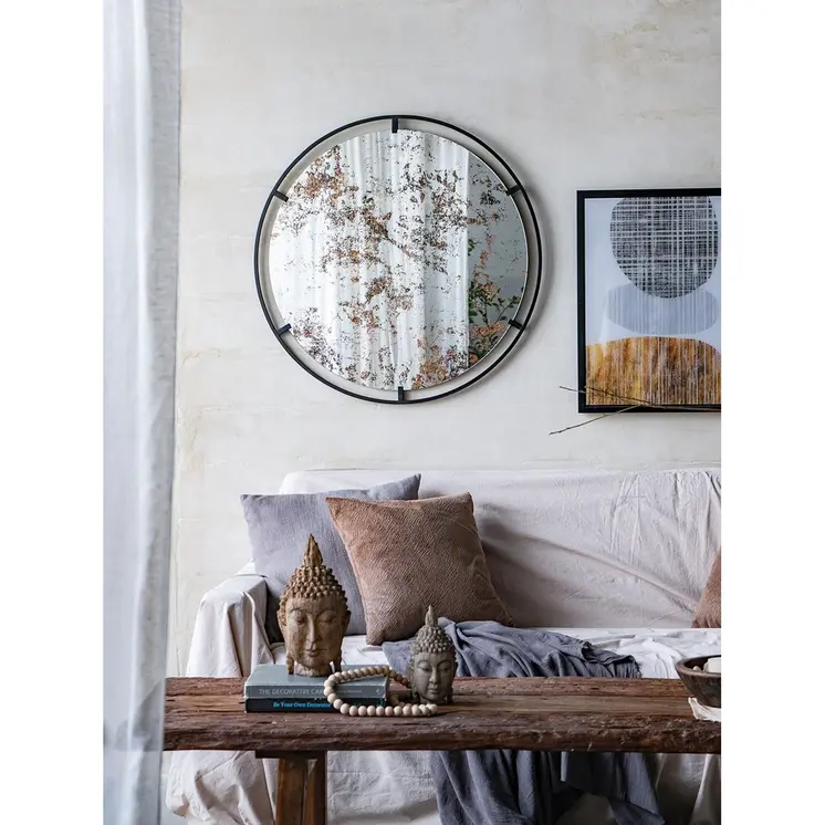 32" Black Round Iron Framed Accent Mirror