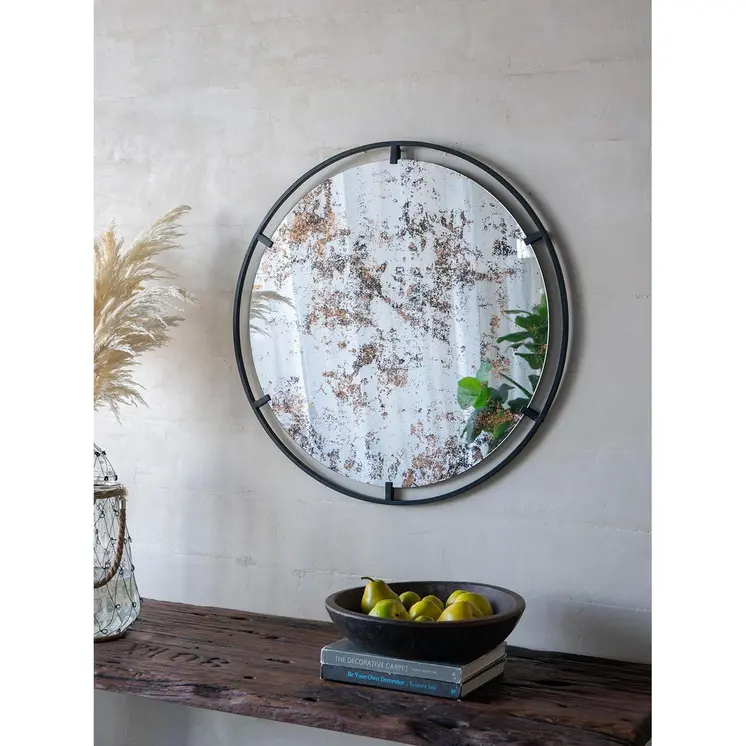 32" Black Round Iron Framed Accent Mirror