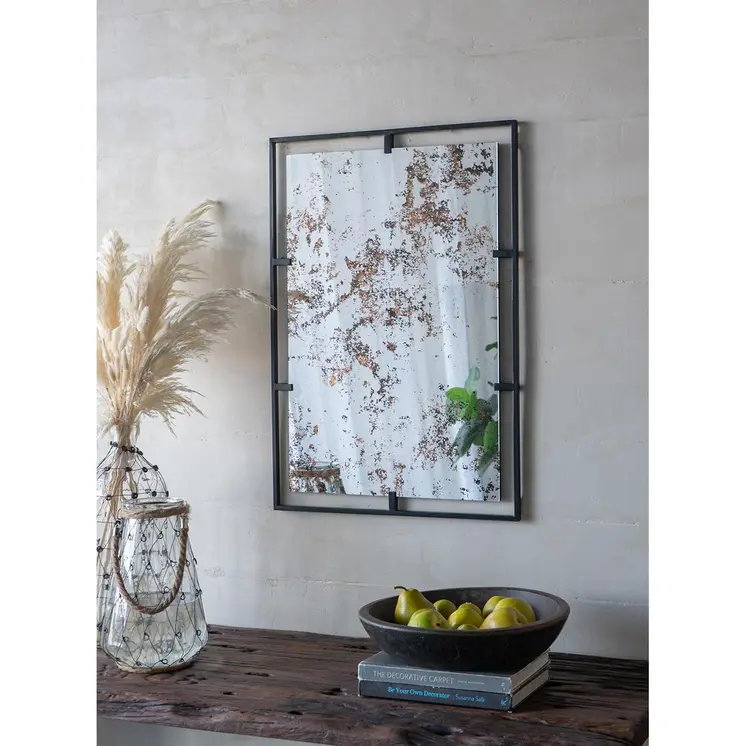 32" Black Iron Framed Antiqued Glass Accent Mirror