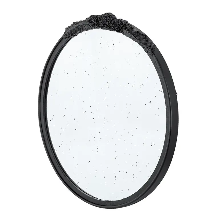 30" Black Crowned Top Antiqued Glass Round Framed Accent Mirror