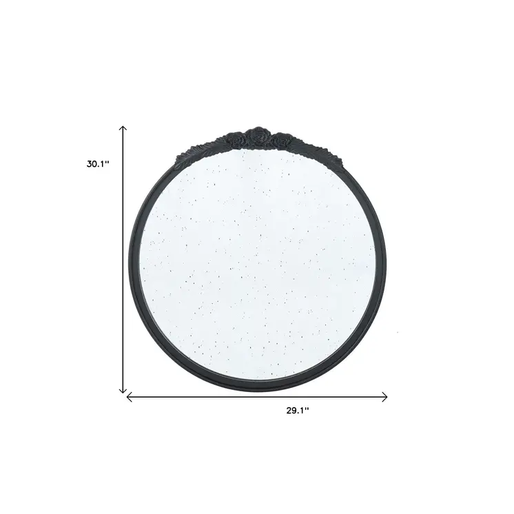 30" Black Crowned Top Antiqued Glass Round Framed Accent Mirror