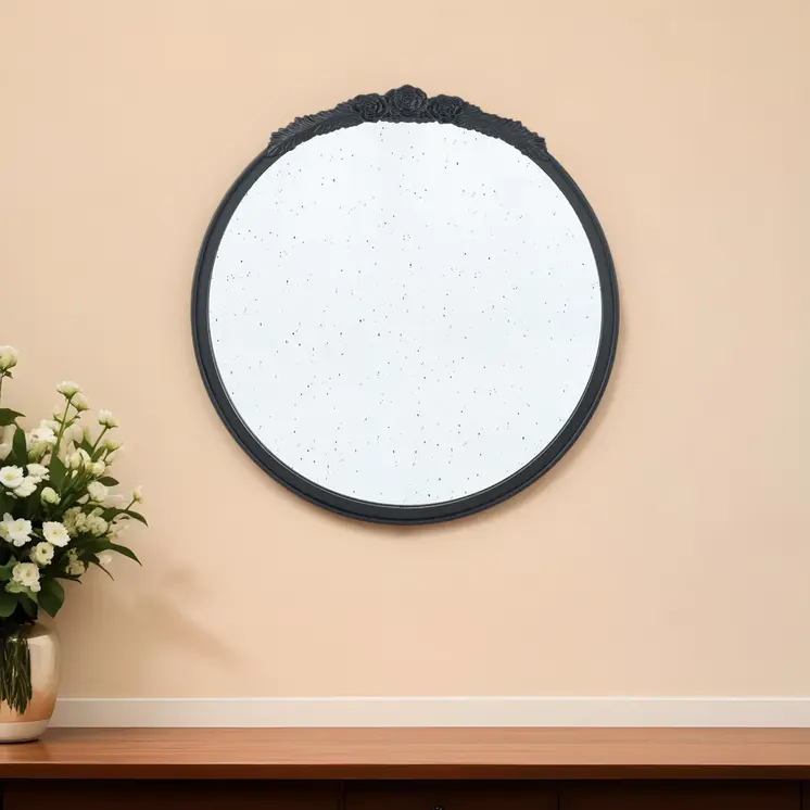 30" Black Crowned Top Antiqued Glass Round Framed Accent Mirror
