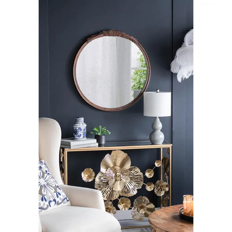 30" Brown Crowned Top Antiqued Glass Framed Accent Mirror