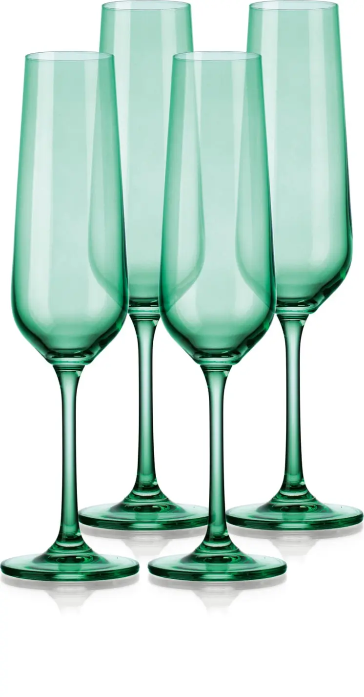 Set of Four Green Crystal Narrowing Shape Stemmed Flute