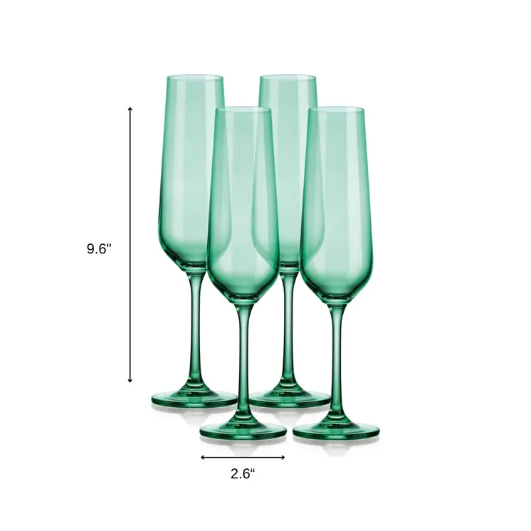 Set of Four Green Crystal Narrowing Shape Stemmed Flute