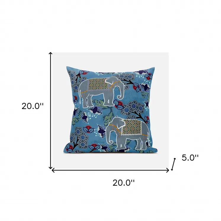 20x20 Blue White Elephant Blown Seam Broadcloth Animal Print Throw Pillow
