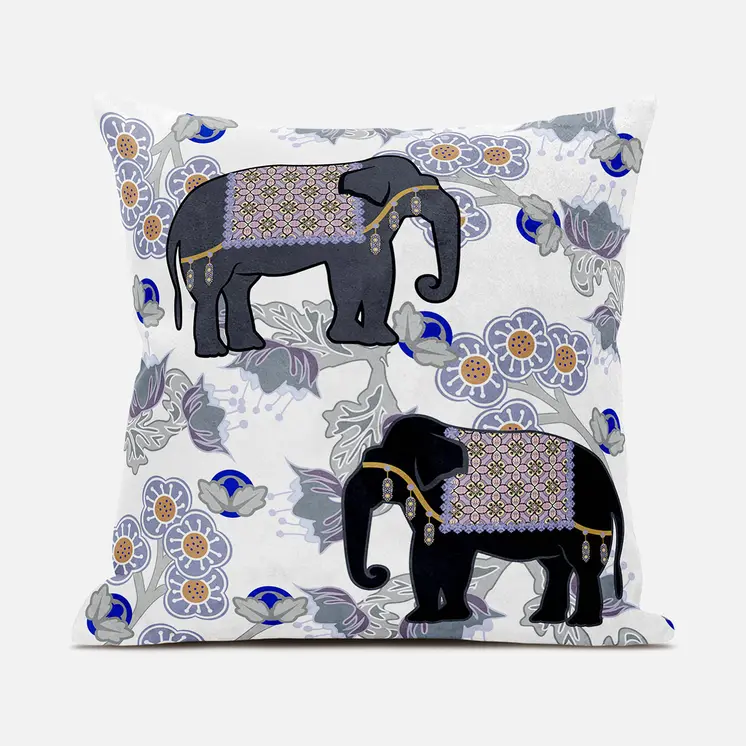 20x20 Gray Black Blue Elephant Blown Seam Broadcloth Animal Print Throw Pillow