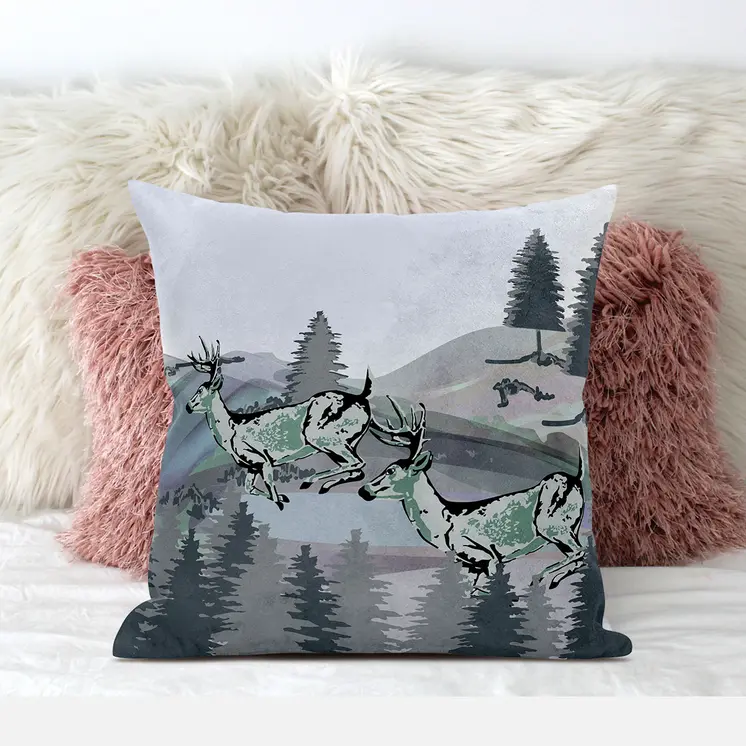 18x18 Muted Green Black Blue Deer Blown Seam Broadcloth Animal Print Throw Pillow