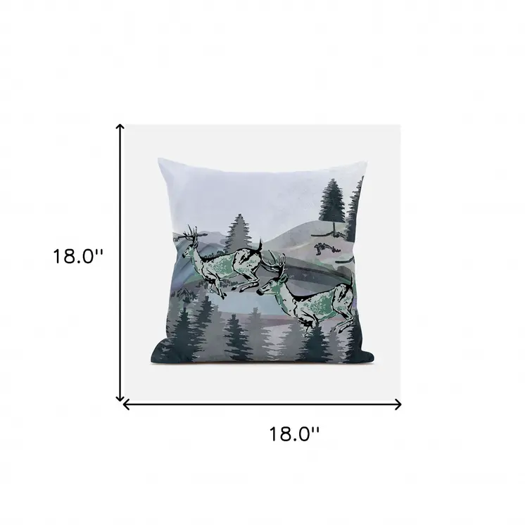 18x18 Muted Green Black Blue Deer Blown Seam Broadcloth Animal Print Throw Pillow