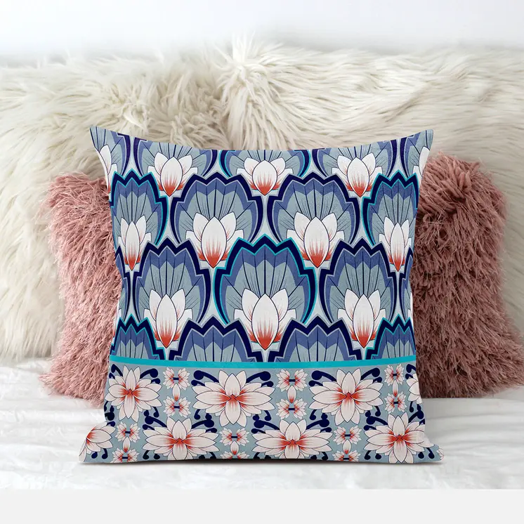 26x26 Gray Blue Orange Blown Seam Broadcloth Floral Throw Pillow
