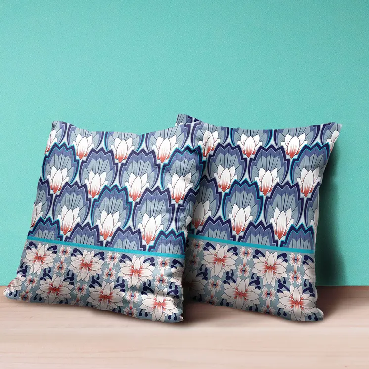 26x26 Gray Blue Orange Blown Seam Broadcloth Floral Throw Pillow