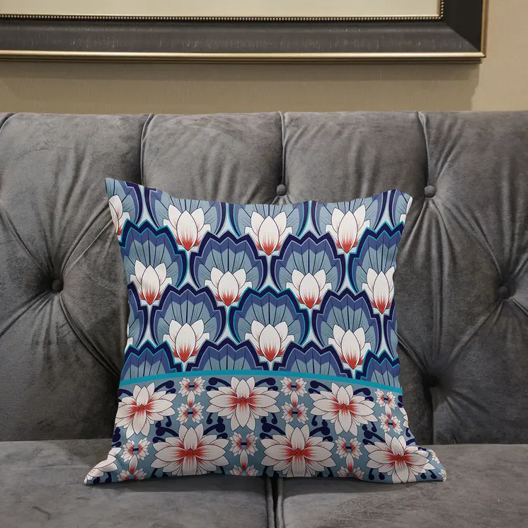 26x26 Gray Blue Orange Blown Seam Broadcloth Floral Throw Pillow