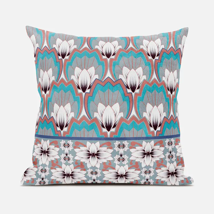 20x20 Mint Gray Orange Blown Seam Broadcloth Floral Throw Pillow