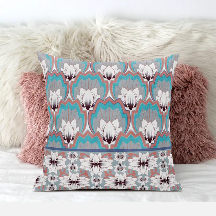 20x20 Mint Gray Orange Blown Seam Broadcloth Floral Throw Pillow