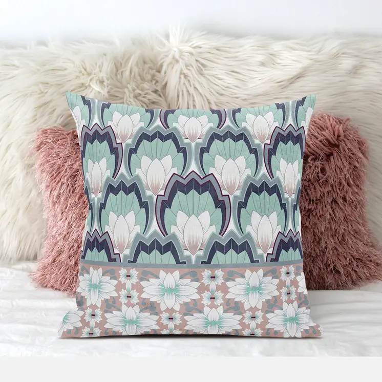 16x16 White Green Pink Blown Seam Broadcloth Floral Throw Pillow
