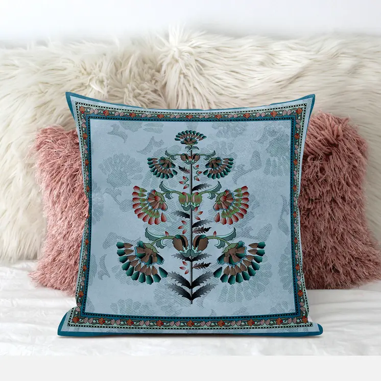 18x18 Sky Blue Red Blown Seam Broadcloth Floral Throw Pillow