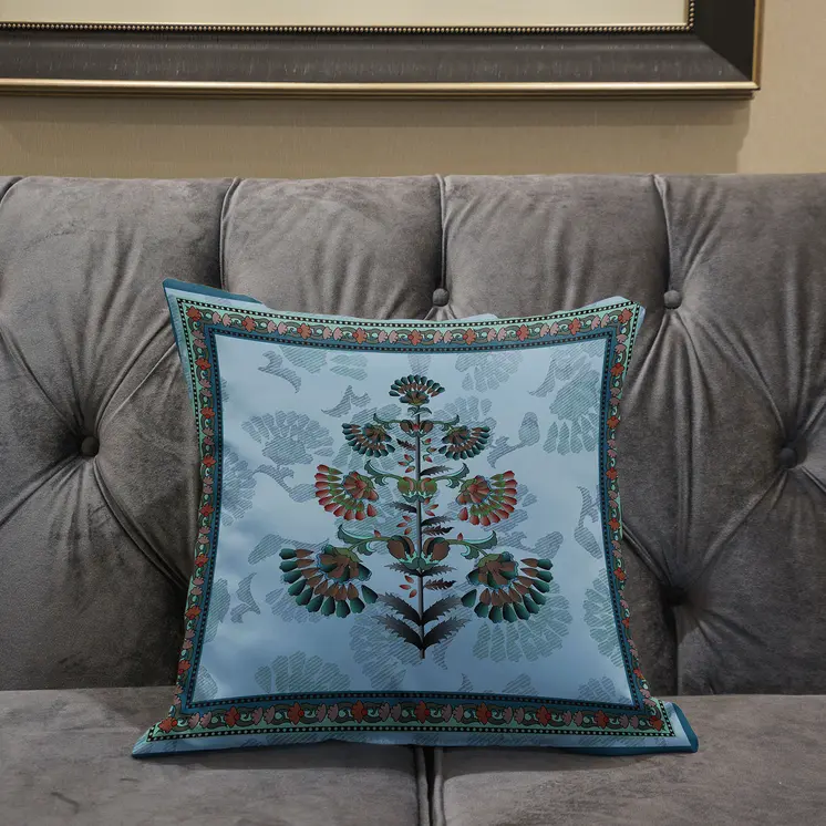 18x18 Sky Blue Red Blown Seam Broadcloth Floral Throw Pillow