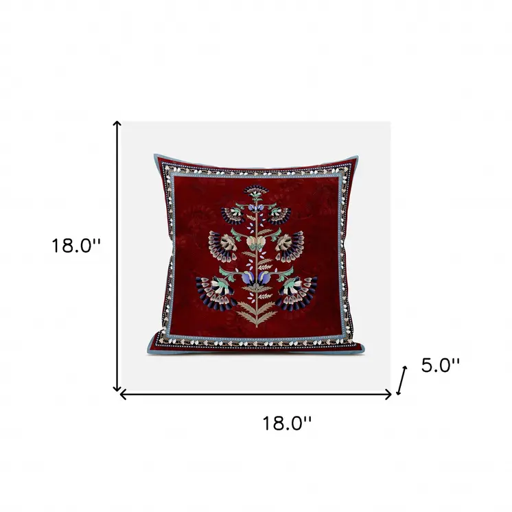 18x18 Red Blown Seam Broadcloth Floral Throw Pillow