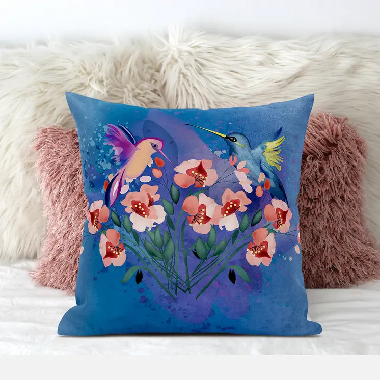 20x20 Blue Pink Gray Bird Blown Seam Broadcloth Animal Print Throw Pillow
