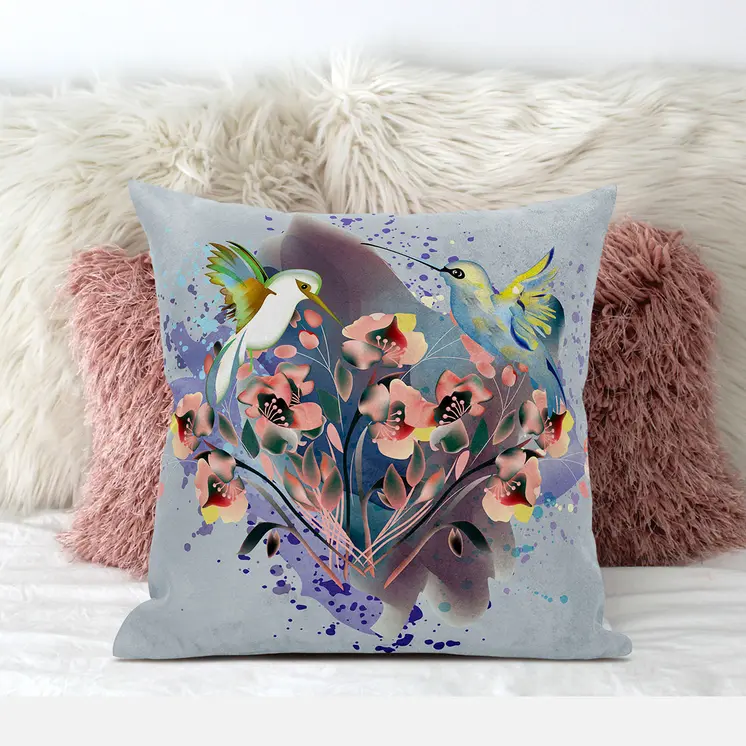 26x26 Brown Blue Gray Bird Blown Seam Broadcloth Animal Print Throw Pillow