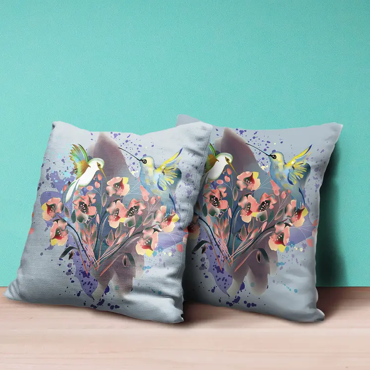 26x26 Brown Blue Gray Bird Blown Seam Broadcloth Animal Print Throw Pillow