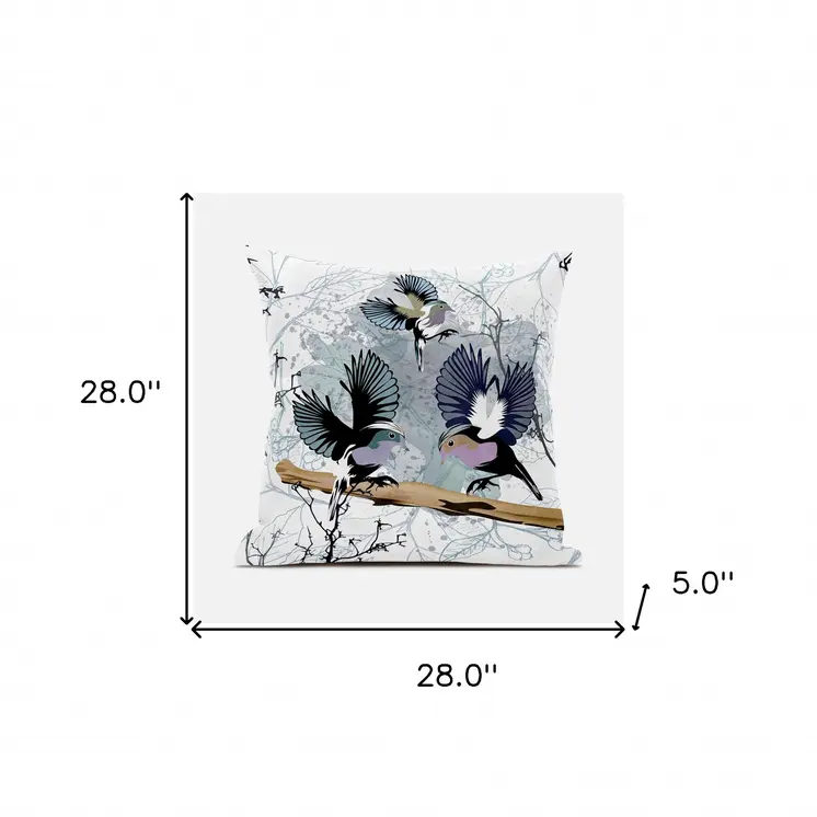 28x28 White Gray Black Bird Blown Seam Broadcloth Animal Print Throw Pillow