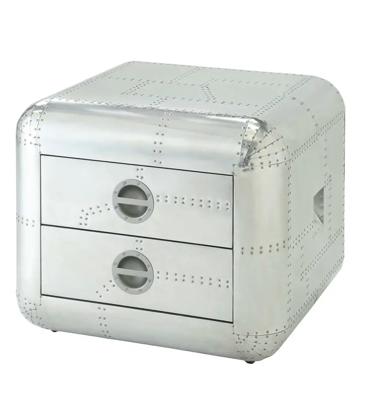 22" Silver Aluminum Aviator Trunk Style Square End Table With Two Drawers