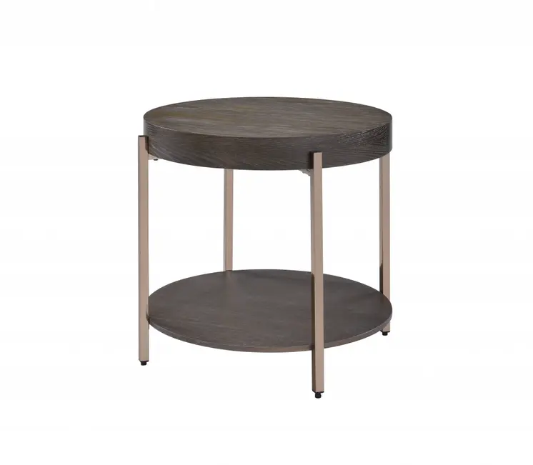 23" Champagne Metal And Dark Oak Manufactured Wood Round Two Tier End Table