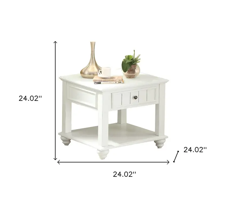 24" White Washed Square End Table With Drawer And Shelf