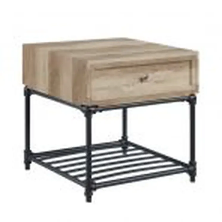 22" Sandy Black And Oak Manufactured Wood And Metal Square End Table With Drawer And Shelf