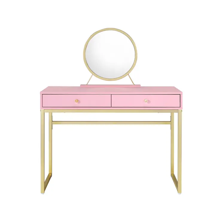 42" Gold And Pink Wood Vanity Table With Mirror And Two Drawers