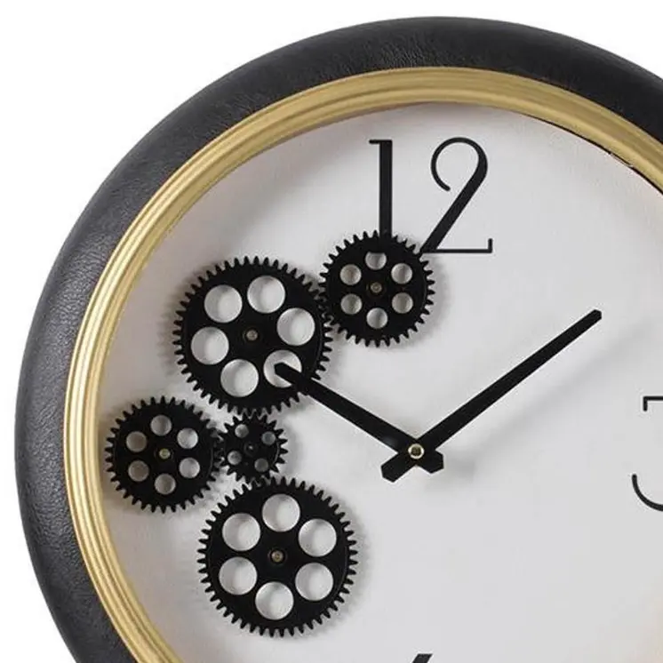 16" Black Gold And White Faux Leather And Iron Analog Exposed Gear Round Wall Clock