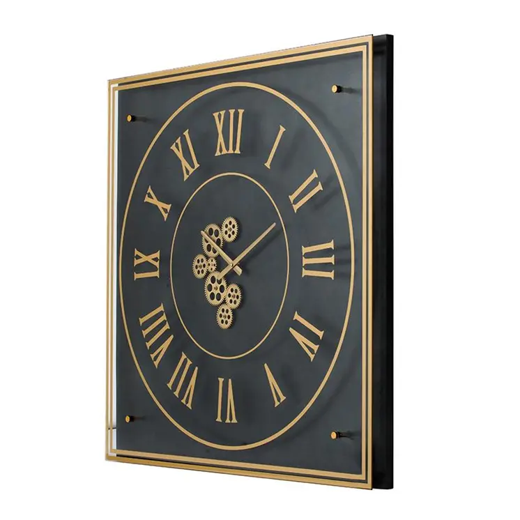 35" Black And Gold Glass And Metal Exposed Gear Square Wall Clock