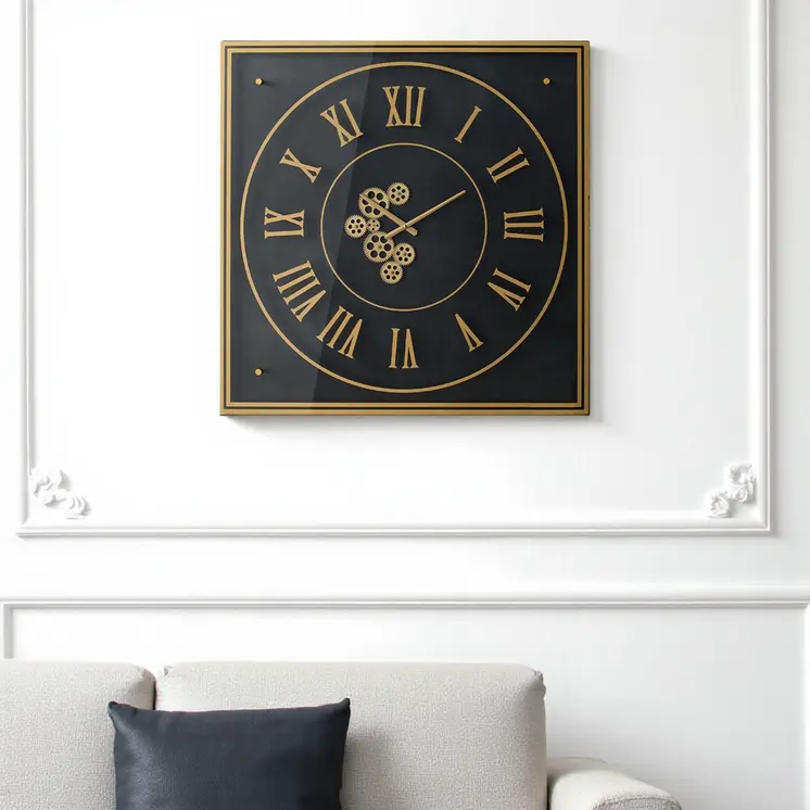 35" Black And Gold Glass And Metal Exposed Gear Square Wall Clock