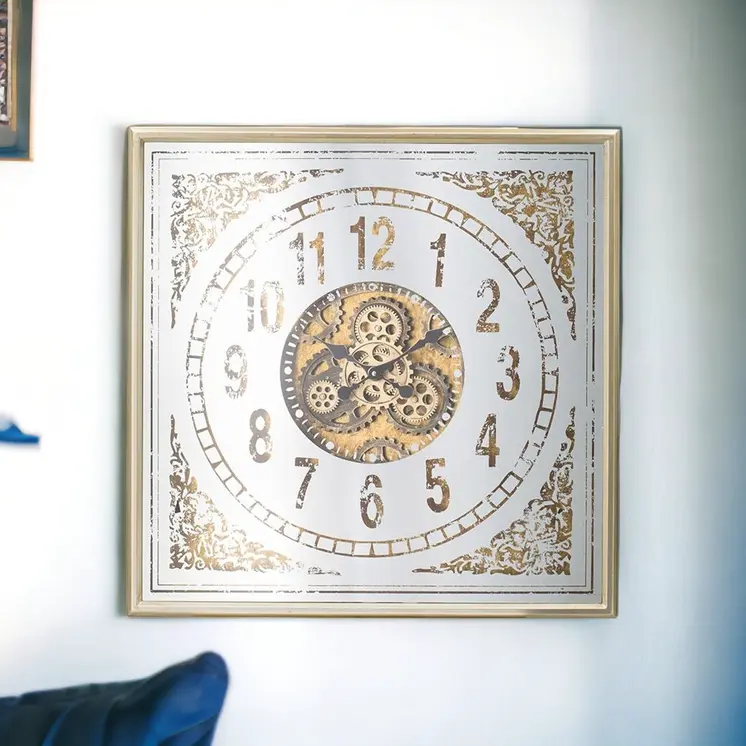 32" Square Gold and Silver Wood and Mirror Analog Exposed Gear Wall Clock