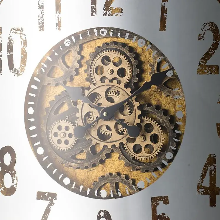 32" Square Gold and Silver Wood and Mirror Analog Exposed Gear Wall Clock