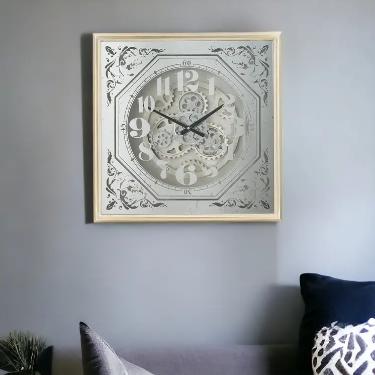 24" Square Gold and Silver Wood and Mirror Exposed Gear Wall Clock
