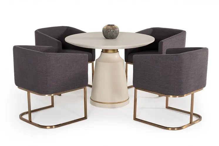 39" Off White And Off White And Brass Rounded Concrete Dining Table