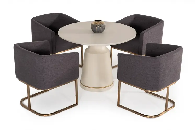 39" Off White And Off White And Brass Rounded Concrete Dining Table